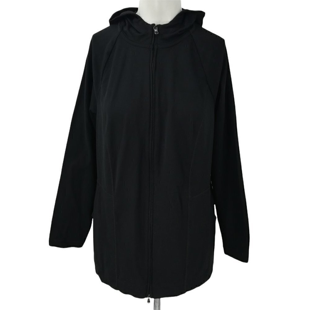 J. Jill Fit Out & About Zip-Front Hoodie Size XS Stretch Pockets Hood Black